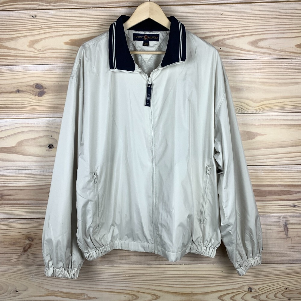 Y2K Tommy Hilfiger Golf Jacket‎ Mens XL Full Zip Windbreaker Ivory Preppy